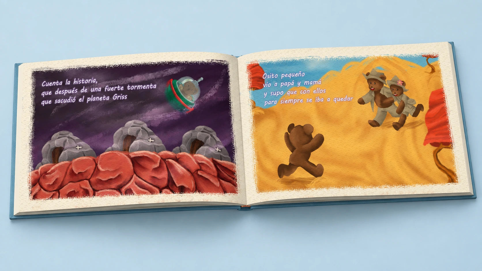 Libro abierto con ilustraciones de una aventura infantil