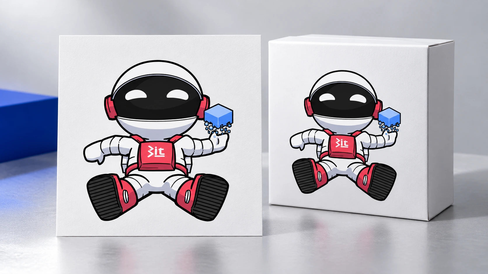 Mockup de tarjeta y caja con un robot ilustrado